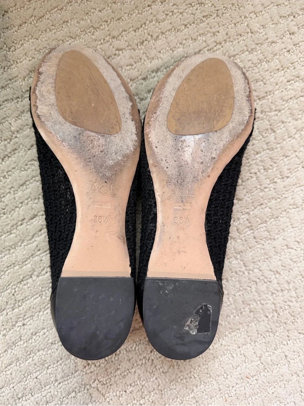 AGL Black Crochet & Leather Ballet Flats with Gold-Tone Buckle Sz. 38.5